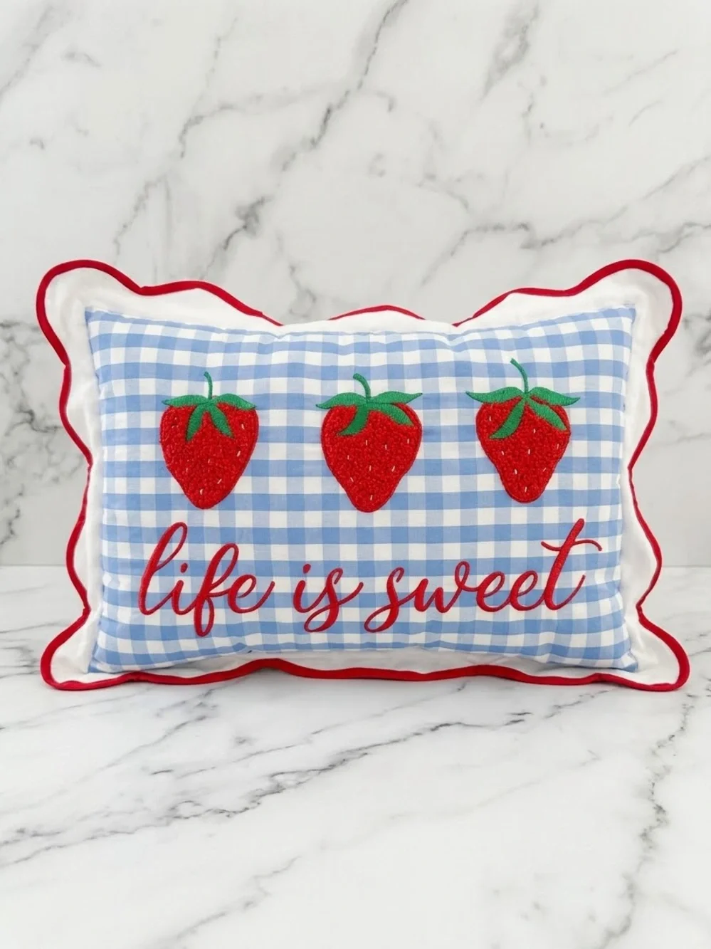 New Life Is Sweet Blue Gingham Strawberry Decorative Pillow